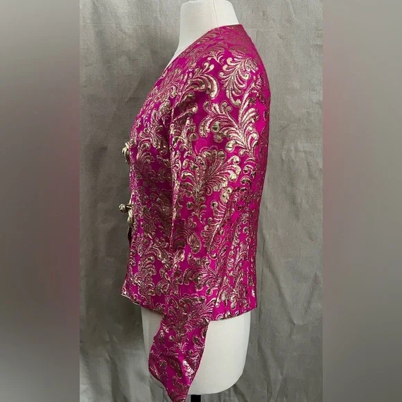 Farinae Collections Vintage Fuchsia and Gold Embroidered Jacket Size 8 - Picture 3 of 8